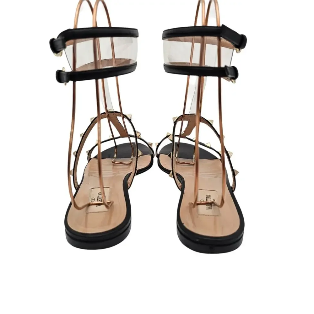 Valentino Garavani Rockstud Cage Flat Sandal Black Leather Gold Size 39.5 9.5